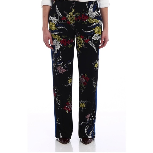 Diane Von Furstenberg Pants - DVF Floral Wide Leg Pants w  Blue Tuxedo Stripe